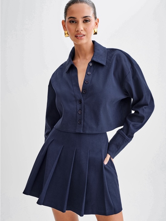 Meshki Other - Meshki Julianna Cotton Set - Navy Blue Cropped Button Shirt & Pleated Skirt